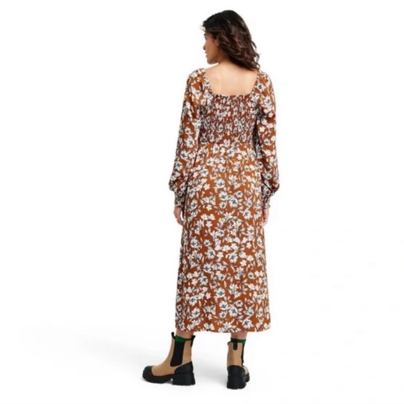 Women's La Ligne x Target Brown/White Floral Smocked Bodice Midi Dress - - Picture 3 of 4
